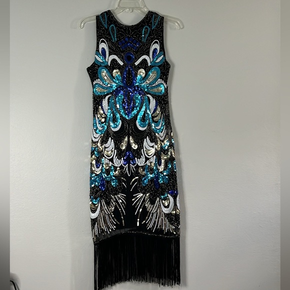 New Unique Vintage beaded sequin fringe flapper inspired cocktail dress - Picture 3 of 9